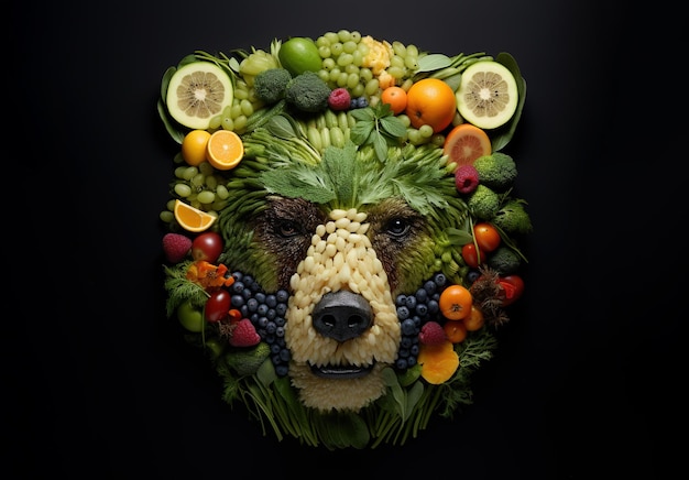 Immagine della faccia di un orso realizzata con frutta e verdura su sfondo pulito Alimenti Animali Illustrazione AI generativa