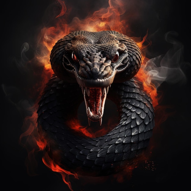 Immagine della faccia di un serpente arrabbiato e delle fiamme su sfondo scuro Illustrazione del rettile IA generativa