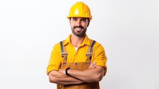 Immagine della Festa del Lavoro Vista anteriore di un costruttore in uniforme e casco giallo sulla parete bianca