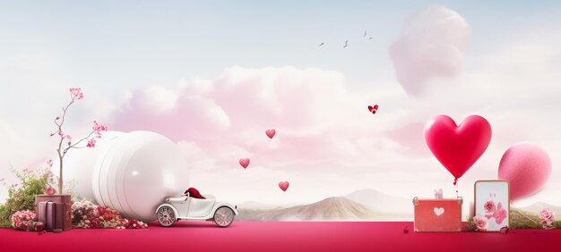 Immagine della festa dell'amore palloncini rosa e cuori bianca auto antica per le foto di matrimonio