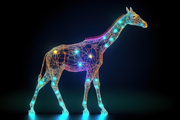 Immagine della giraffa con la luce che si trova nel mondo digitale su uno sfondo scuro Illustrazione degli animali della fauna selvatica AI generativa