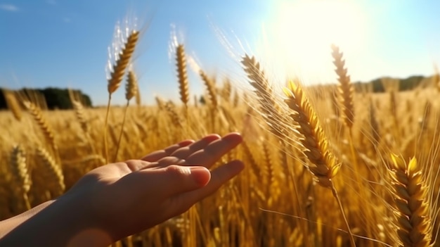 Immagine della mano di una persona che tiene una spiga di grano in un campo IA generata