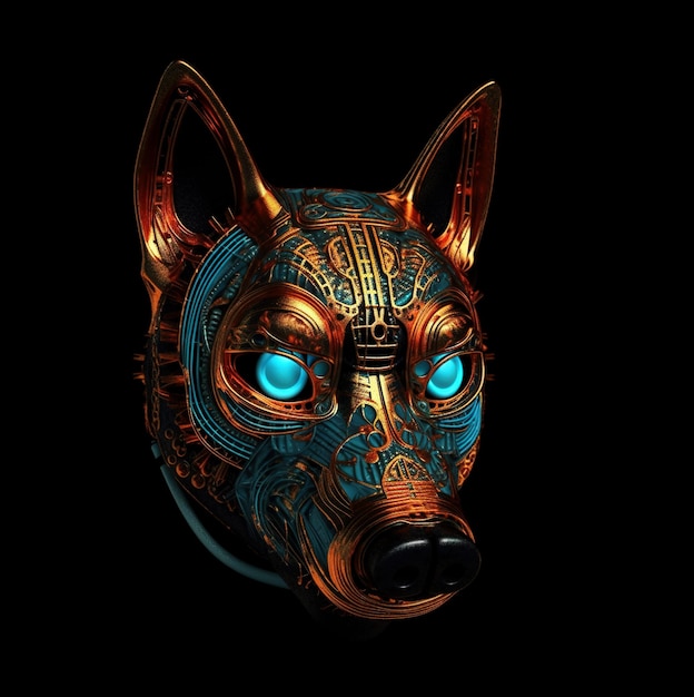 Immagine della maschera del cane cyberpunk con motivi colorati su sfondo nero Animali da compagnia Illustrazione AI generativa