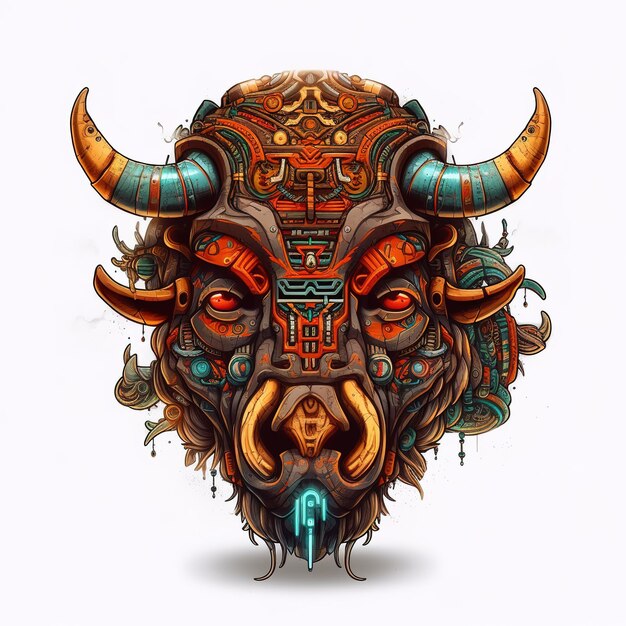 Immagine della maschera di mucca bisonte cyberpunk con motivi colorati su sfondo bianco Illustrazione di animali della fauna selvatica IA generativa