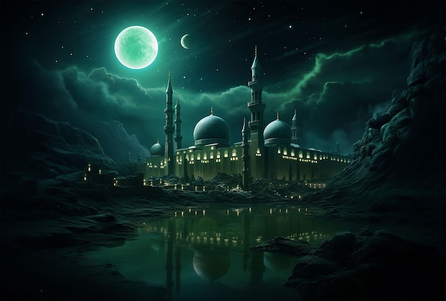 Immagine della moschea araba con sfondo del deserto e della luna