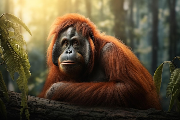 Immagine della scimmia arancione orangutan nella foresta Illustrazione AI generativa degli animali della fauna selvatica