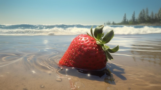 Immagine della spiaggia con un'allettante fragola IA generativa