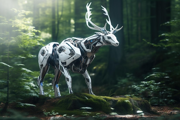 Immagine della tecnologia del robot gundam elettronico dei cervi nella foresta Wildlife Animals Generative AI Illustration