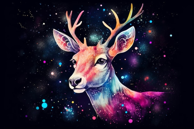 Immagine della testa di cervo con stelle colorate sullo sfondo IA generativa