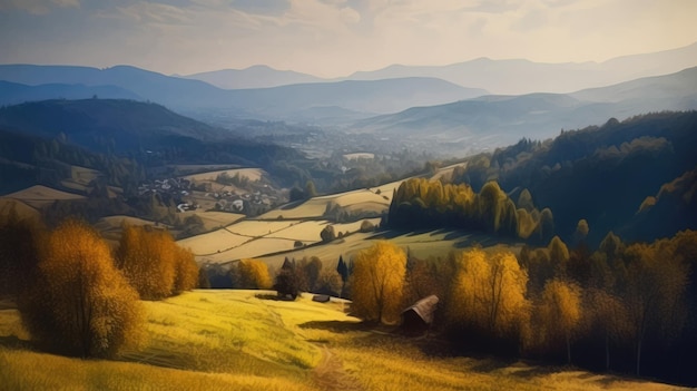 Immagine della valle di montagna con montagne e una foresta IA generativa