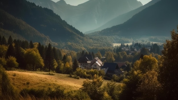 Immagine della valle di montagna con montagne e una foresta IA generativa