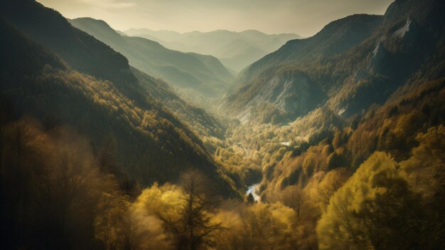 Immagine della valle di montagna con montagne e una foresta IA generativa