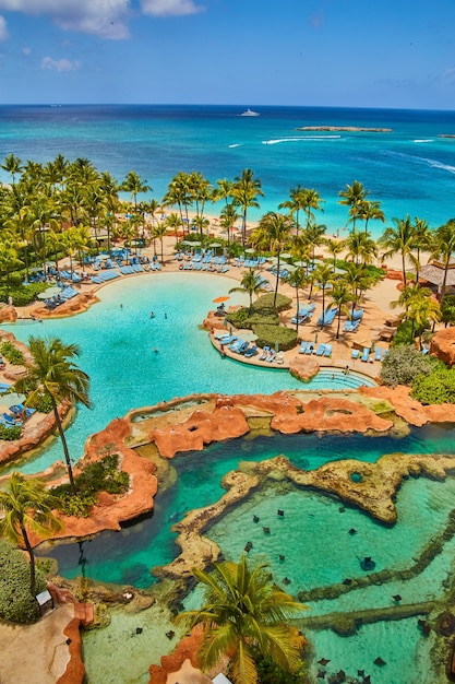 Immagine della vista dal balcone del resort con piscina di razze, piscina, palme e oceano