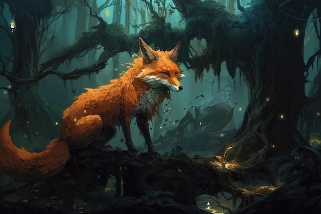 Immagine della volpe rossa nella foresta Illustrazione degli animali della fauna selvatica IA generativa