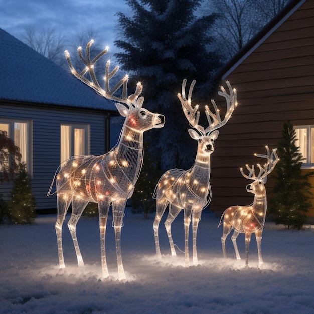 Immagine delle luci di Natale della decorazione esterna della famiglia delle renne Immagine generata dall'arte