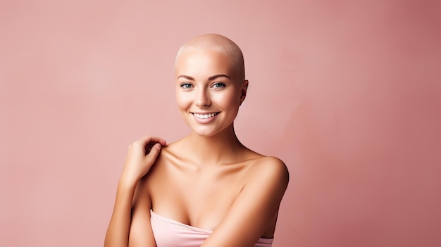 Immagine dello studio di una donna felice con il cancro paziente sfondo rosa consapevolezza e concetto di carità