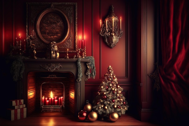 Immagine dello studio di vecchia stanza cremisi con una decorazione di Natale