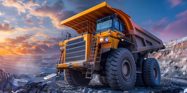Immagine dettagliata di un grande dump truck giallo in una miniera di carbone a cielo aperto Concept Macchinari pesanti Industria mineraria Equipaggiamento industriale Siti di costruzione
