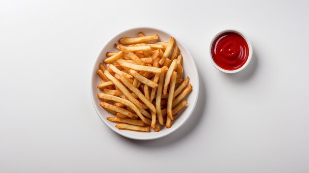 Immagine di alta qualità di patatine fritte croccanti con un ketchup rosso su uno sfondo bianco