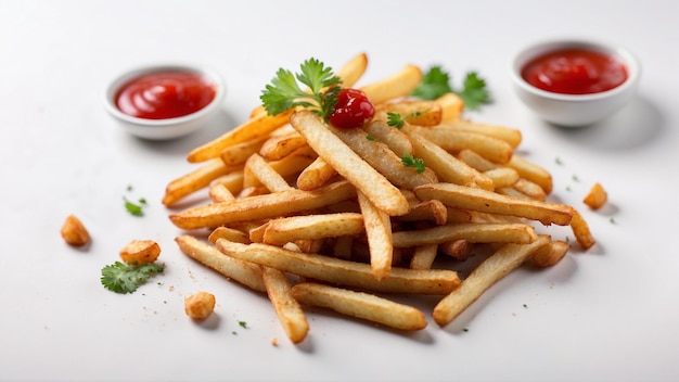 Immagine di alta qualità di patatine fritte croccanti con un ketchup rosso su uno sfondo pulito