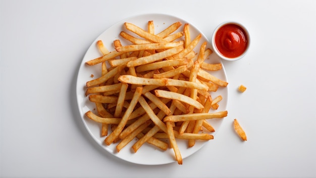 Immagine di alta qualità di patatine fritte croccanti con un ketchup rosso su uno sfondo pulito
