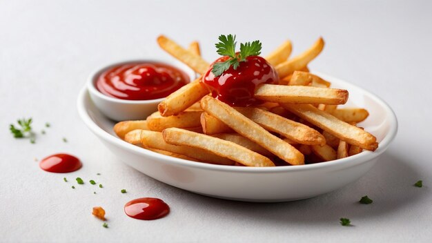 Immagine di alta qualità di patatine fritte croccanti con un ketchup rosso su uno sfondo pulito