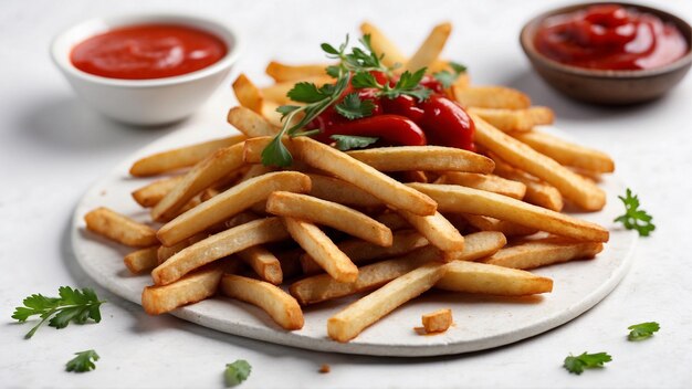 Immagine di alta qualità di patatine fritte croccanti con un ketchup rosso su uno sfondo pulito