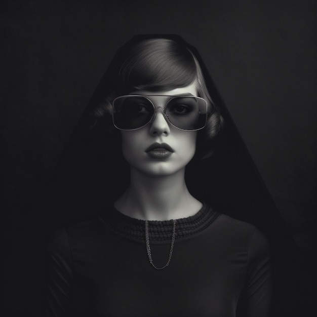 Immagine di Arafed di una donna che indossa occhiali da sole e un vestito nero
