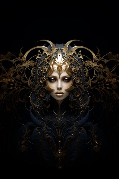 Immagine di Arafed di una donna con una maschera dorata e un disegno ornato generativo ai