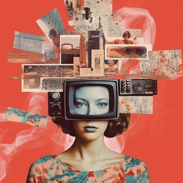 Immagine di Arafed di una donna con una testa di televisore con immagini generative ai