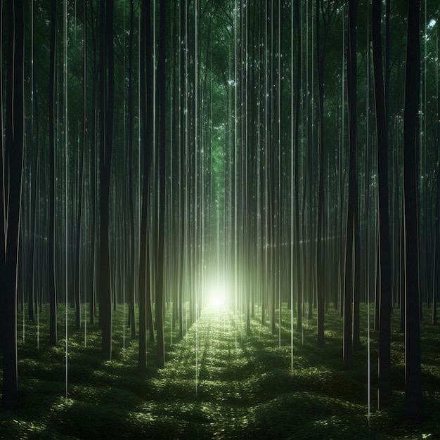 Immagine di Arafed di una foresta con una luce alla fine del sentiero generativo ai