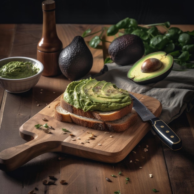 Immagine di avocado spalmato sul pane IA generativa