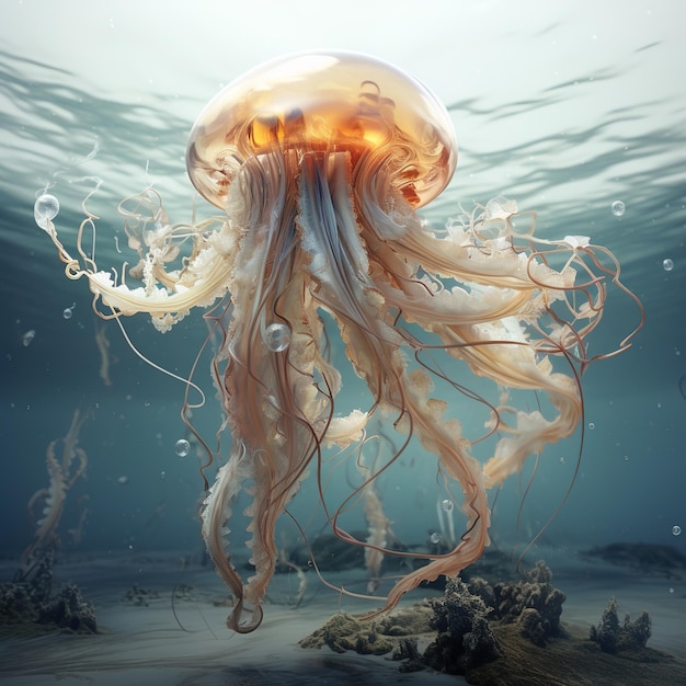 Immagine di bellissime meduse sotto il mare Animali sottomarini Illustrazione AI generativa