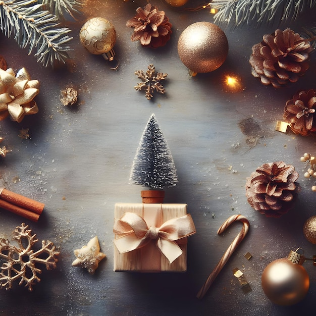 Immagine di biglietto di auguri per Natale e Capodanno con un piccolo albero di Natale e pini