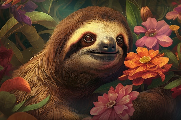 Immagine di bradipo con fiori tropicali colorati Illustrazione di animali selvatici IA generativa