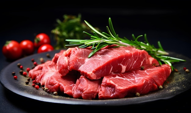 immagine di carne di manzo fresca e cruda su un piatto da vicino Fotografia