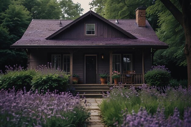 Immagine di casa con fiore viola generativo ai