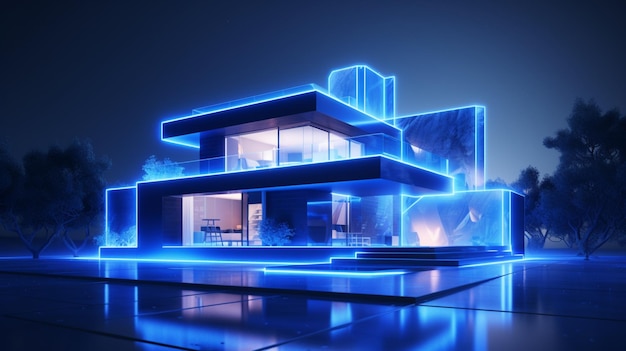 Immagine di casa notturna con illuminazione blu luminosa residenziale moderna AI Generated Image