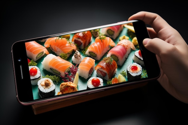 Immagine di cattura individuale di sushi e antipasti con messa a fuoco aerea sul loro telefono creando crudo