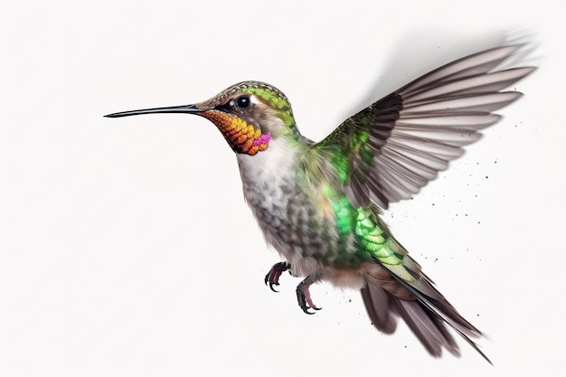 Immagine di colibrì dai colori vivaci in volo su sfondo bianco Illustrazione degli uccelli della fauna selvatica AI generativa