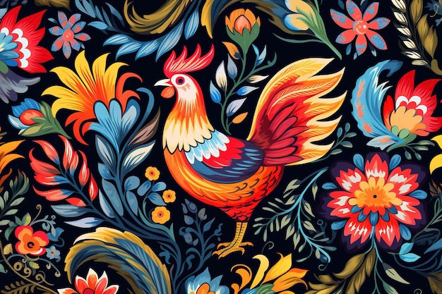 Immagine di disegno a disegno utilizzando gallo e fiori e foglie Animali da fattoria Illustrazione AI generativa