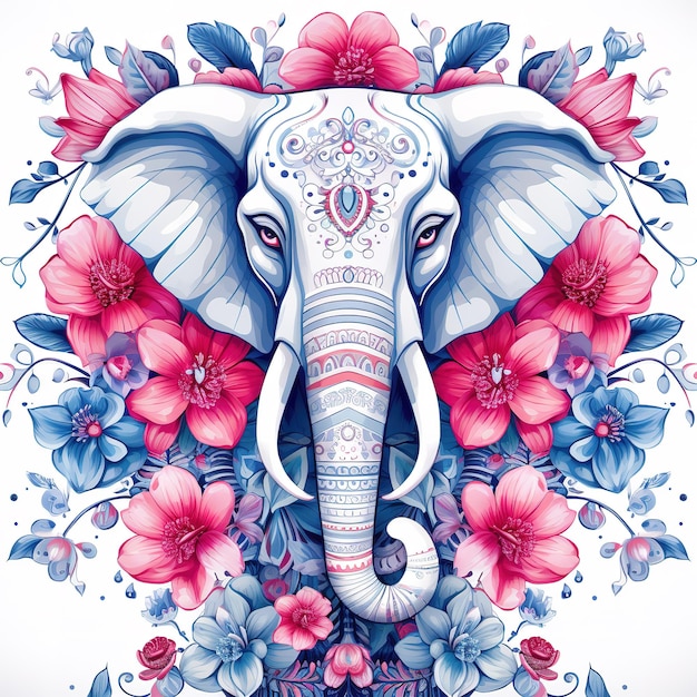 Immagine di disegno a modello utilizzando un elefante e fiori e foglie Animali selvatici Illustrazione Generativa AI