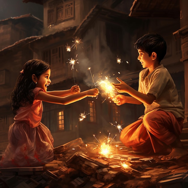 Immagine di diwali in 3D di bambini che giocano con i petardi