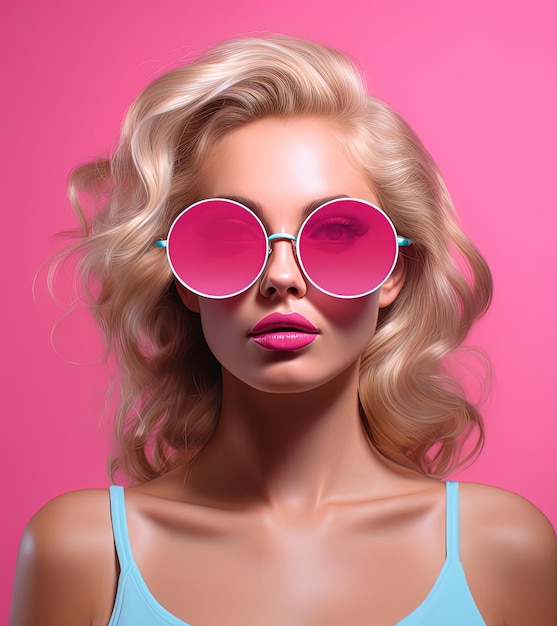 immagine di donna con unghie rosa e grandi occhiali da sole nello stile di occhi espressivi