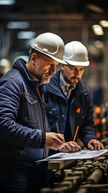 Immagine di due lavoratori che parlano in una fabbrica di produzione con un ambiente industriale sullo sfondo