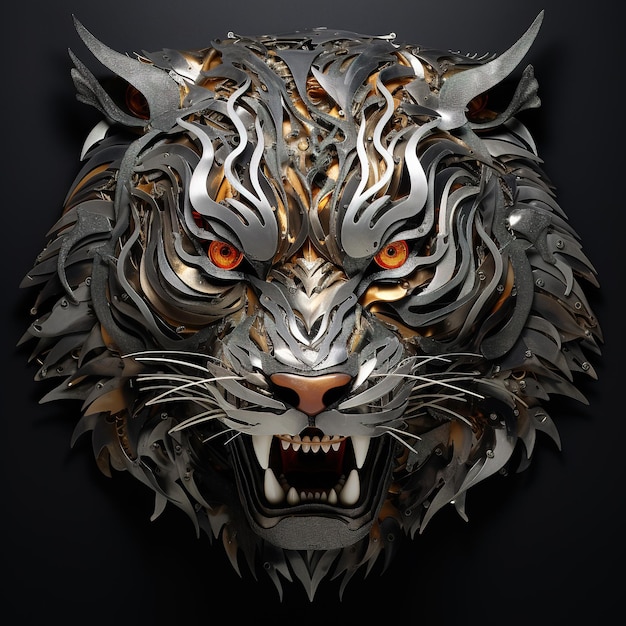 Immagine di faccia di tigre fatta con acciaio e vari metalli su uno sfondo pulito Animali selvatici Illustrazione Generativa AI
