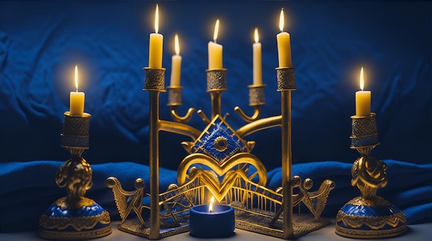 Immagine di festa ebraica Hanukkah sullo sfondo con menorah candela tradizionale e candele accese AI Generative