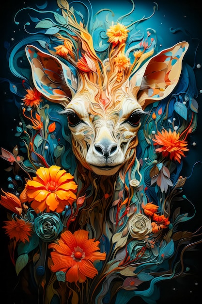 Immagine di giraffa con fiori attorno Generativa AI