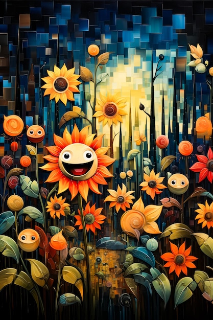 Immagine di girasole con faccia sorridente in un campo di fiori AI generativa