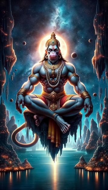 Immagine di Lord Hanuman che medita i suoi muscoli evidenziati con uno sfondo tranquillo